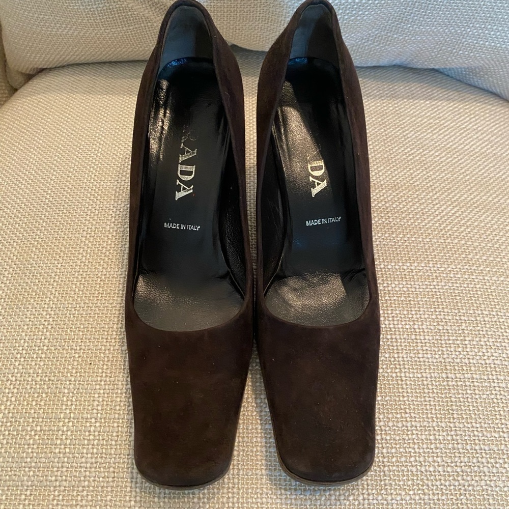 Prada Brown Suede Square Toe w Unique Heel Pump / Womens Size 8 - Picture 5 of 13